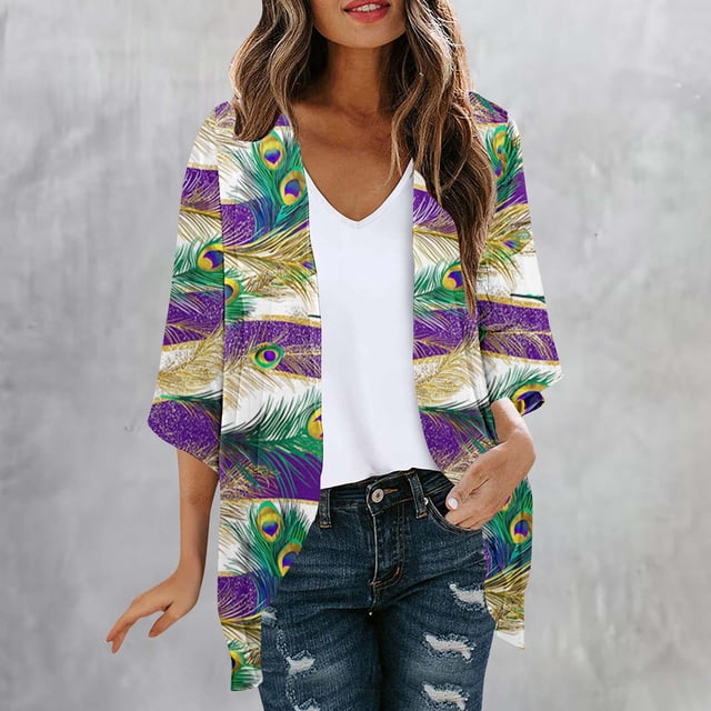 TaTaai Womens sun-protective printed cardigan, 3/4 sleeves, chiffon fabric, casual trendy, lightweight flowy, Mardi Gras essential, perfect for daily commute & festival outings Gift