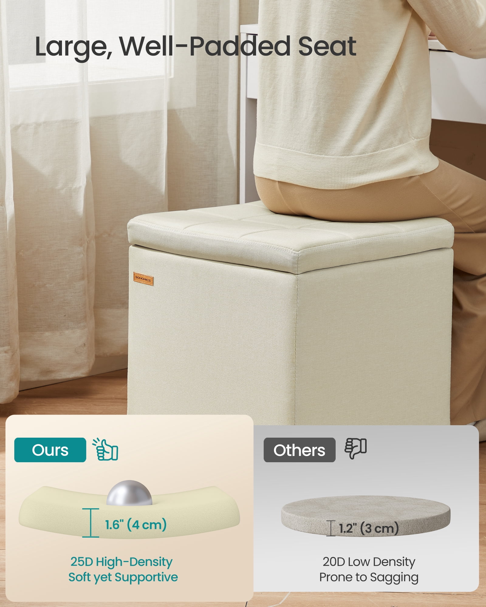 SONGMICS Square Storage Ottoman, Foot Stool Footrest with Legs, Ottoman Cube, 16.9 x 16.9 x 18.1 Inches, Linen-Look Fabric, Summer Sand