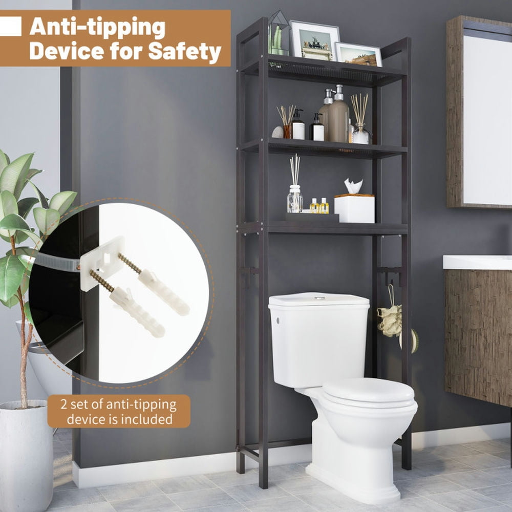 Finihen Toilet Storage Rack, Toilet Storage Shelf, Over-The-Toilet Storage Shelf Space Saving Metal Bathroom Organizer Hooks, for Bathroom, Brown