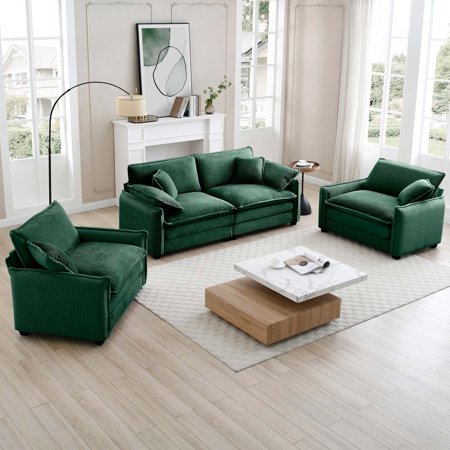 Luxurious and Sophisticated Sofa Set with Soft Cushions and Pillows Sofa Set for Living Rooms and Clubs as well as Home Theaters Consisting of Two Single Sofas and a 2-Seaters Sofas (Green)