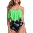 thumbnail image 2 of Women High Waisted Bikini Ruffle Swimsuit Flounce Pom Pom Trim Two Piece Bathing Suit Fluorescent Green (L, 2 of 6
