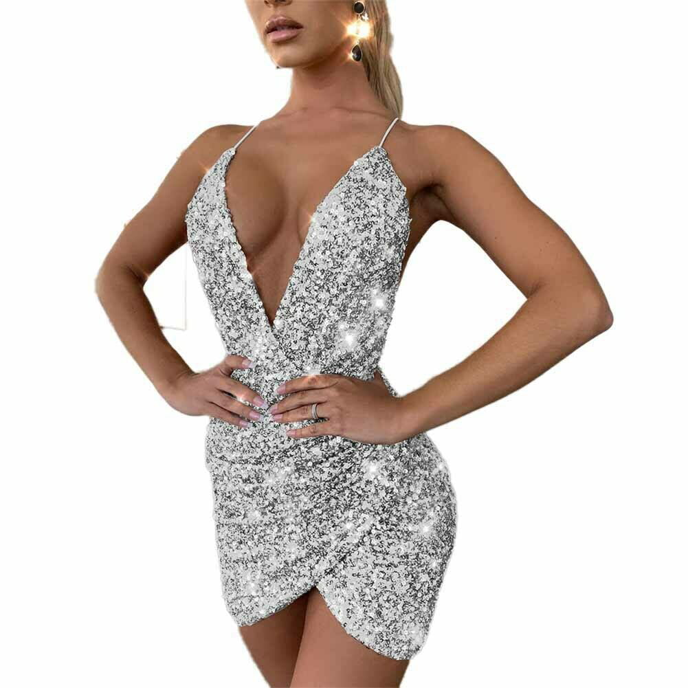 USA Women Deep V-Neck Long Sleeve Body con Sequined Party Night Club Mini Dress 