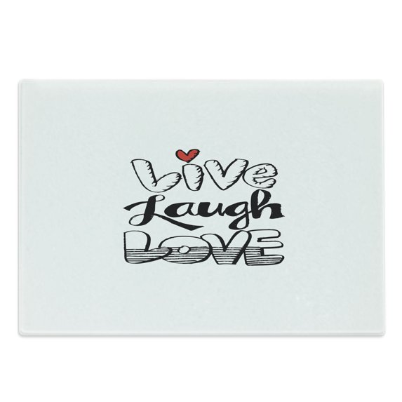 Live Laugh Love Cutting Board, Vintage Hand Drawn Words with Different Style Graffiti Wall Art Design, Decorative Tempered Glass Cutting and Serving Board, Large Size, Black White Red, by Ambesonne