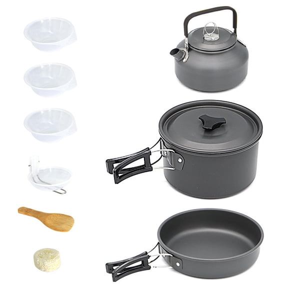 LAZIOEGR Portable Camping Cookware Set – Alumina Pot, Frying Pan, Bowl & Spoon, Heat‑Resistant Foldable Handles, Nesting Design, Lightweight & Durable for Hiking, Picnics & Outdoor Adventures