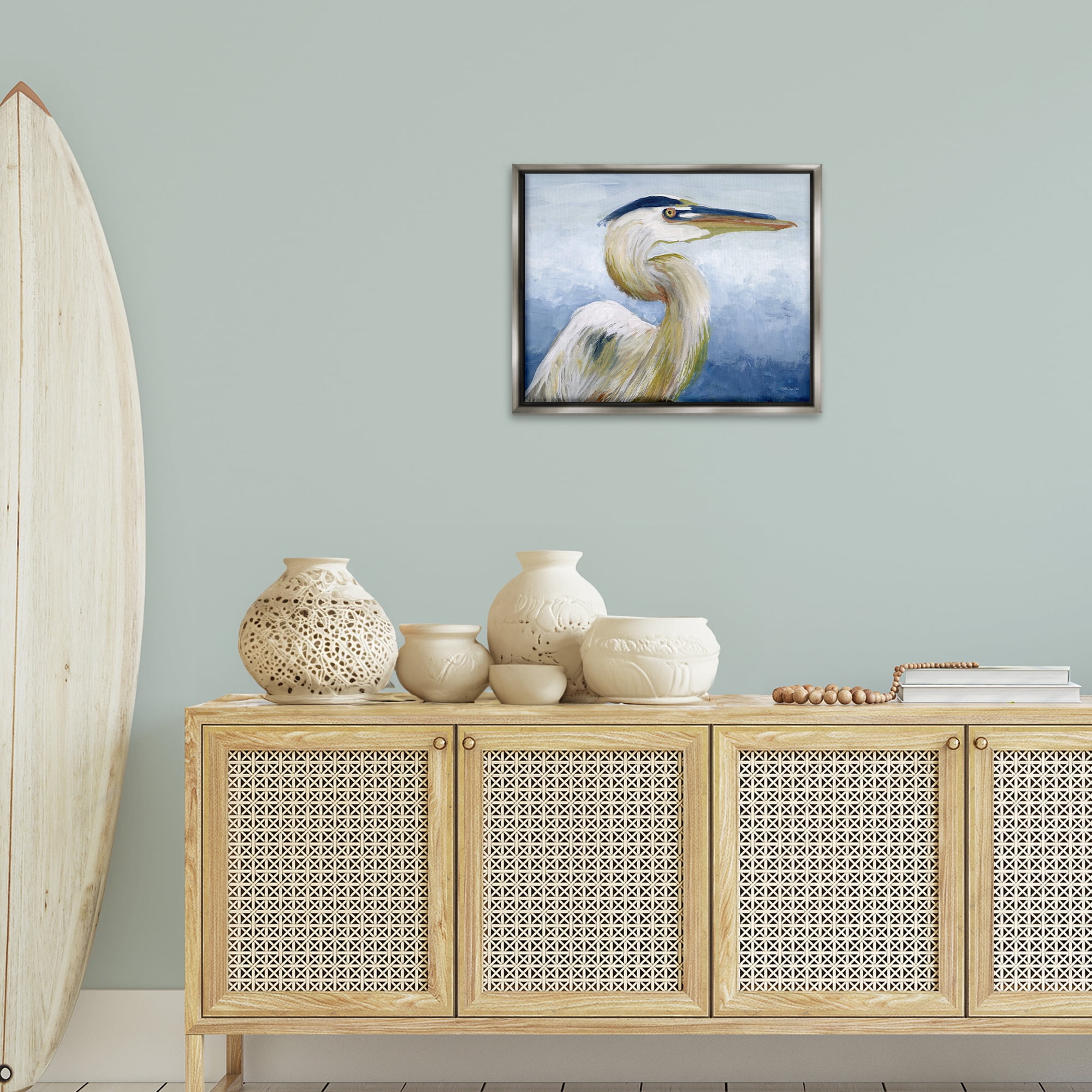 Stupell Industries Heron & Blue Gradient Animals & Insects Painting Gray Floater Framed Canvas Art Print Wall Art, 21 x 17