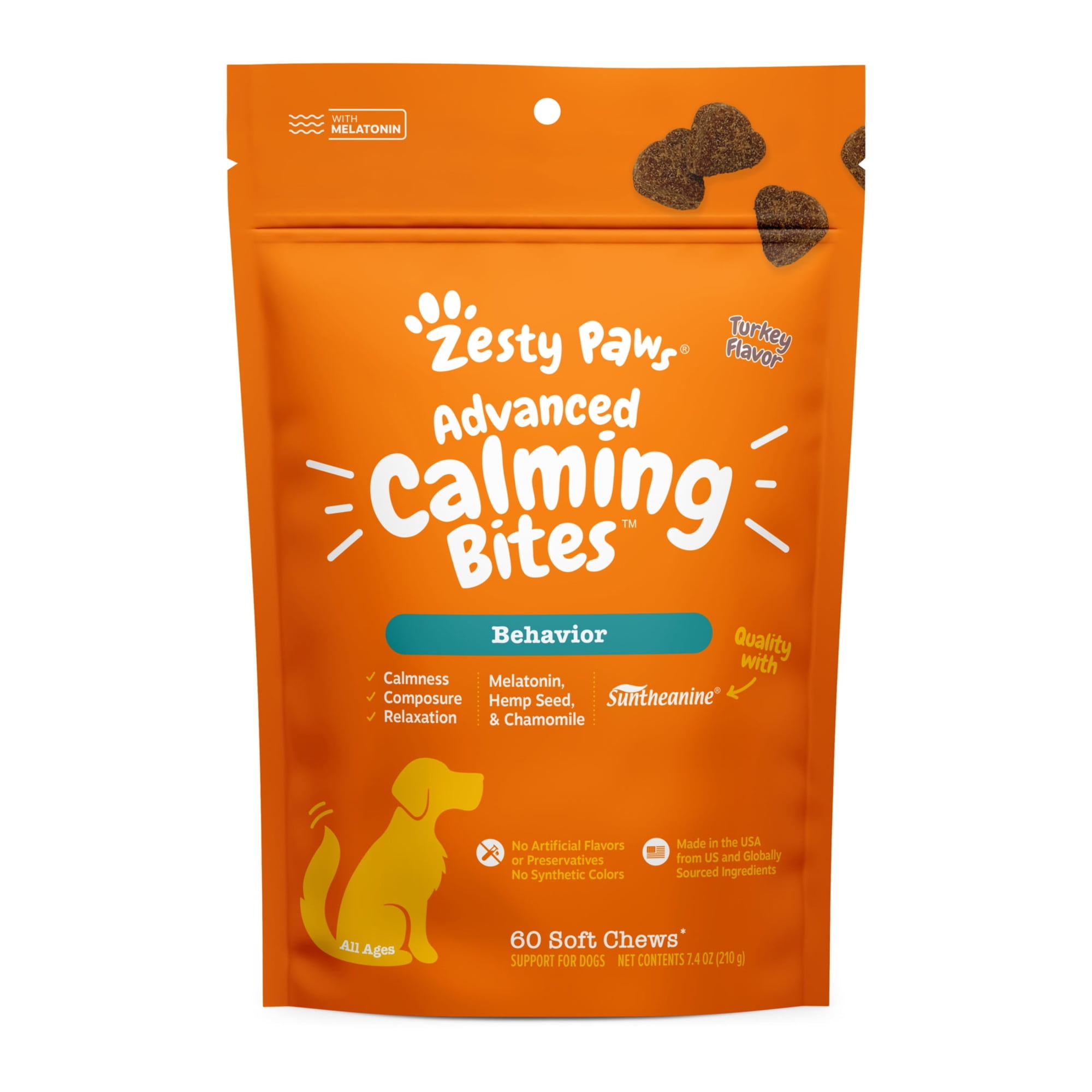 Zesty Paws Advanced Calming Bites for Dogs, Calming Behavior, Turkey Flavor, 60 Count Soft Chews