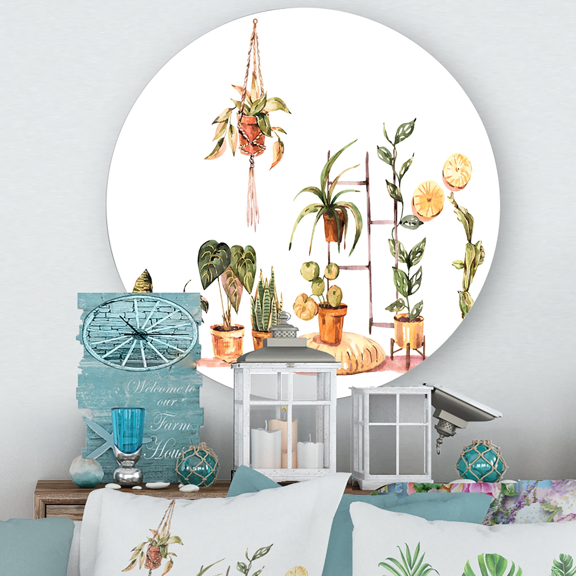 Designart 'Indoor House Plants Urban Jungle in Flowerpots II' Traditional Circle Metal Wall Art 23x23 - Disc of 23