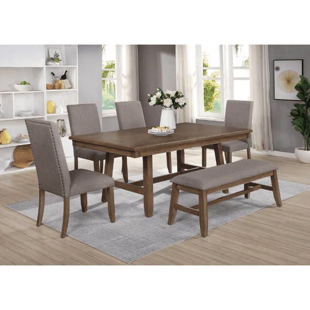 Rustic Rectangular Greyish Brown 6 Piece Dining Table Set with Bench ...