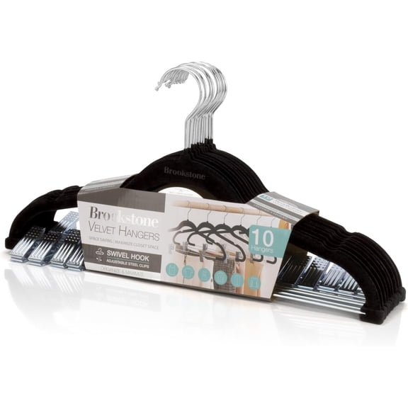 Brookstone Non-Slip Clothing Velvet Hangers with Clips תSwivel Hook, 10 Pack, Black
