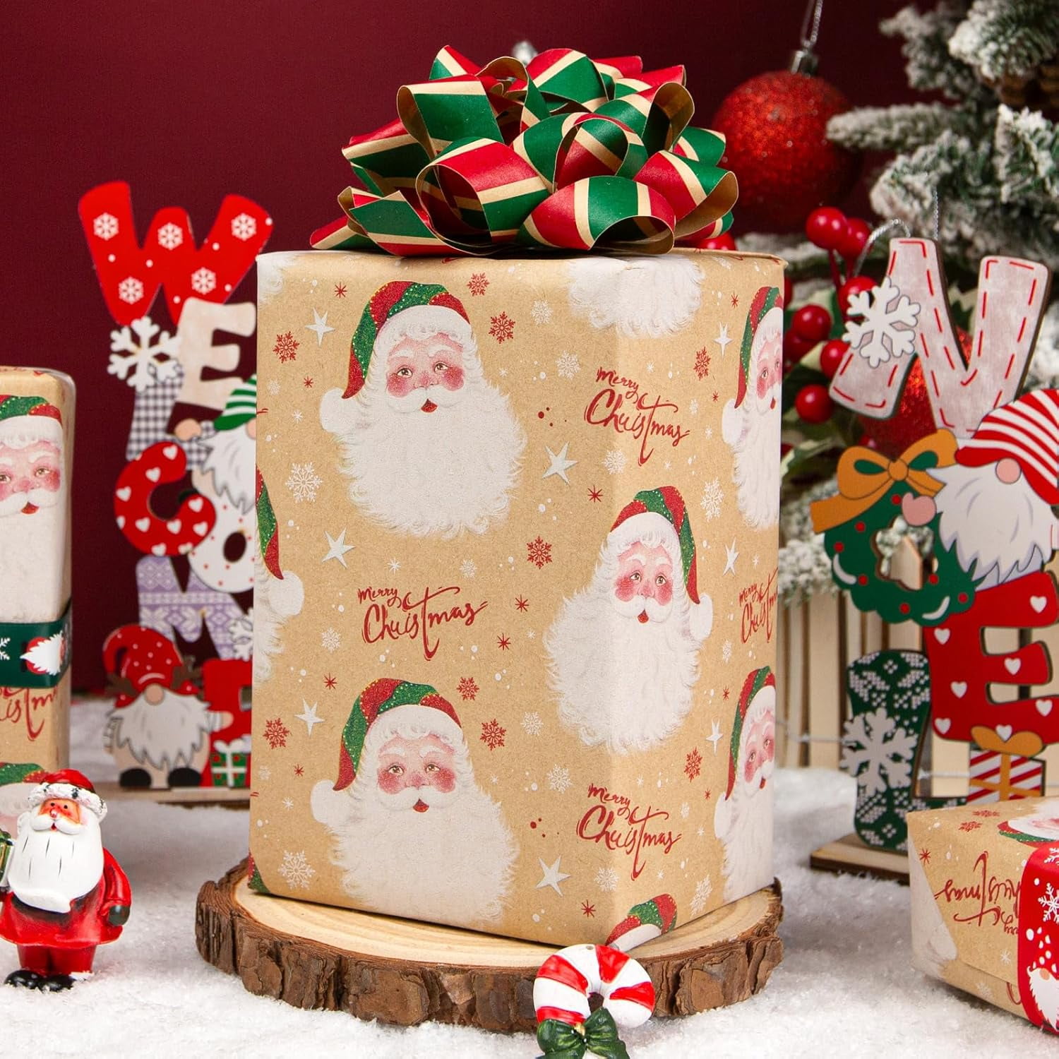 Christmas Wrapping Paper, Brown Kraft Santa Claus Design Gift Wrapping Paper Suitable for Christmas, Mini Roll (17 Inch X 32.8 Feet)