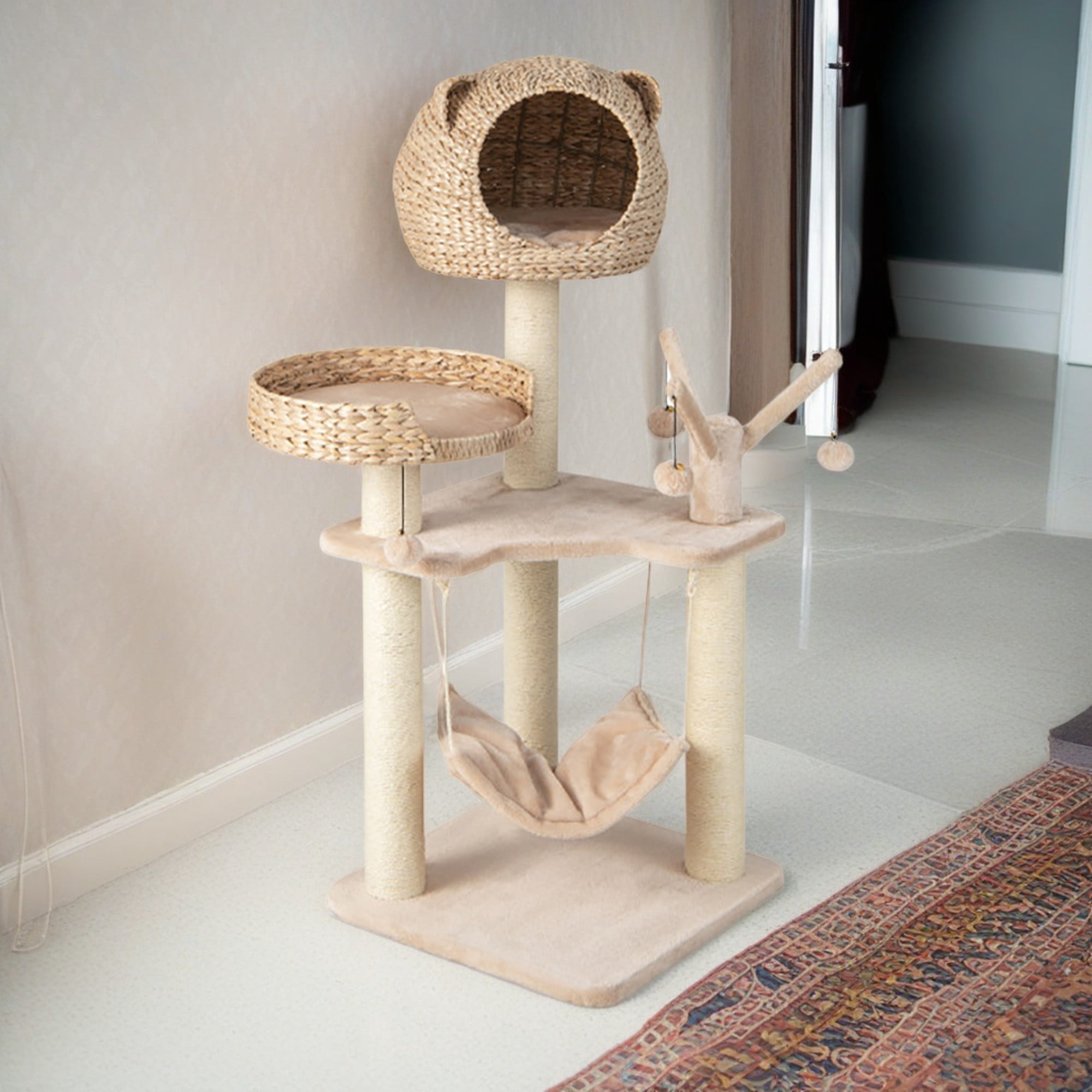 Pefilos 48" Modern Cat Tree Tower for Indoor Cats with Condo and Hammock, Cat Tree House for Kittens Climb Play, Rest, Beige