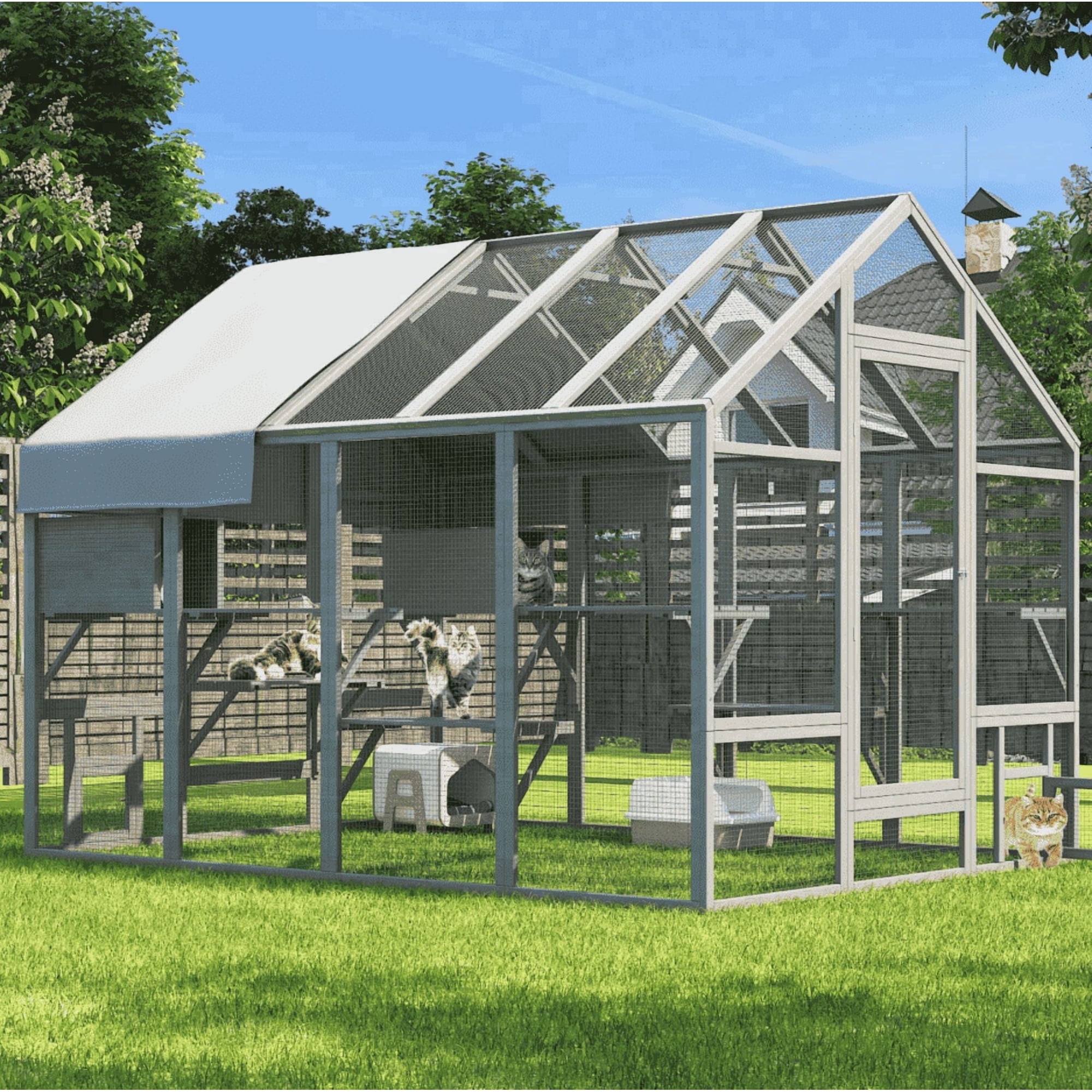 TIMHAKA 97" Outdoor Large Cat Enclosure, Wooden Cat Catio w/ 7 Platforms, 2 Resting Boxes & Weatherproof Cover for Multiple Pets
