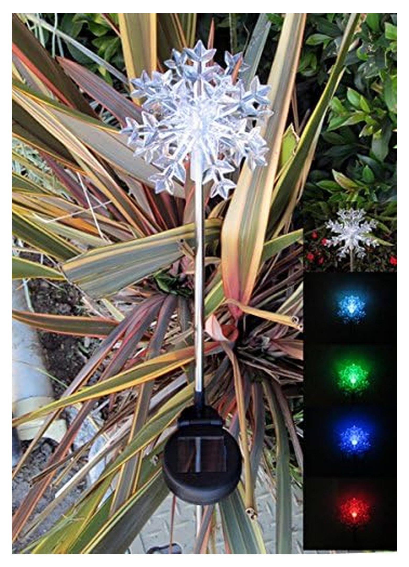 Solar Snowflakes Garden Lights, 2 Pack 32.5" Color Changing Stake Lights - Red, Blue, Green Decorative Yard Lights - Outdoor Solar Powered Pathway Lighting