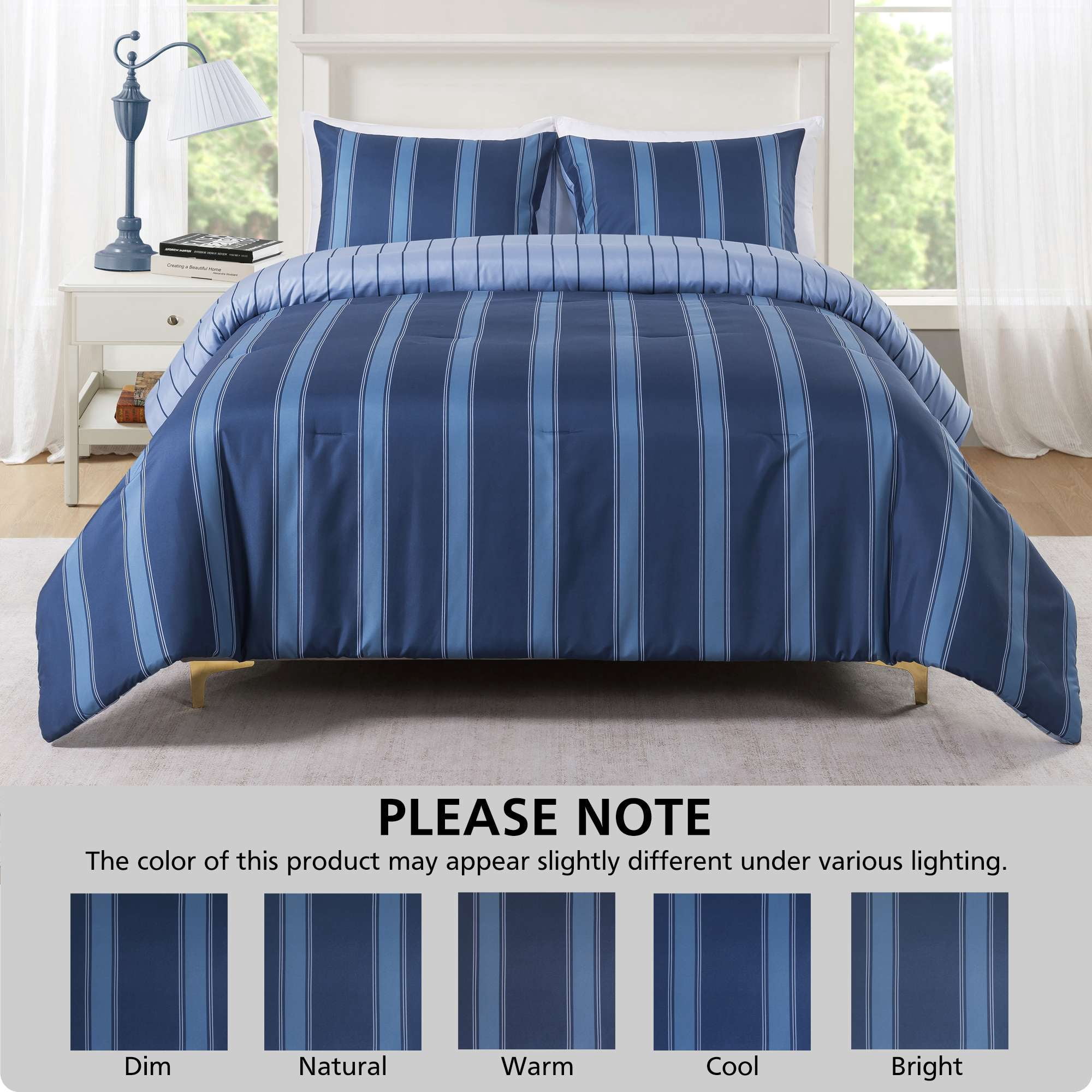 Mainstays King Comforter Set, 3-Piece, All-Season, Navy Blue Stripe