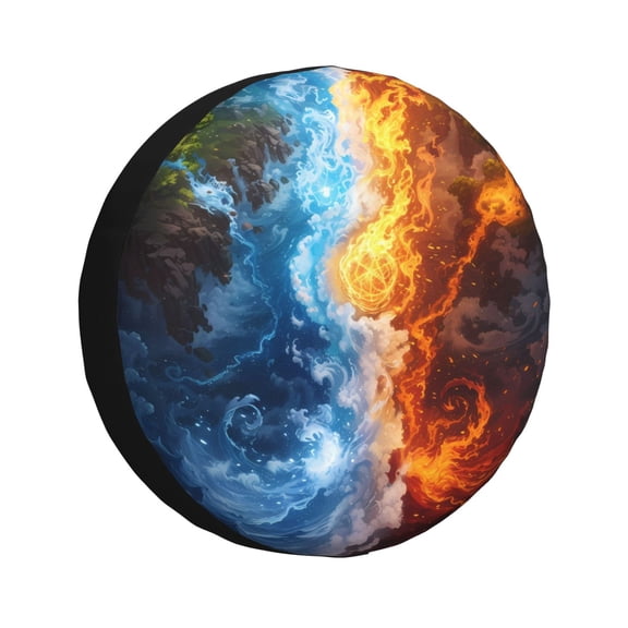 Fuzoiu Red And Blue Flame Waves Print Universal Spare Tire Cover with Buckle Strap, Waterproof Wheel Covers for Jeep, Trailer, RV, Truck and All Car-14 inch