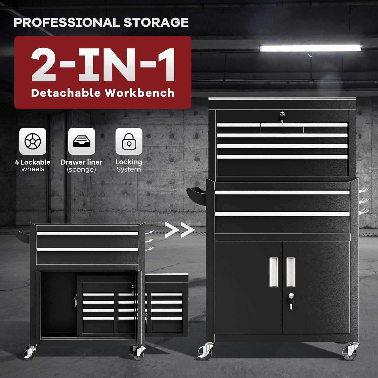 SOLAURA 8-Drawer Rolling Tool Chest Metal Tool Box Lockable Storage Cabinet with Wheels, Black