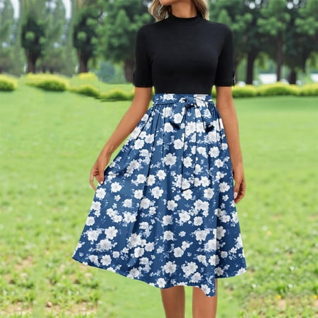 FDGIU Vintage A-Line Skirt - Women s High Waist Pleated Midi Skirt with Pockets (Polka Dot Rockabilly Style)