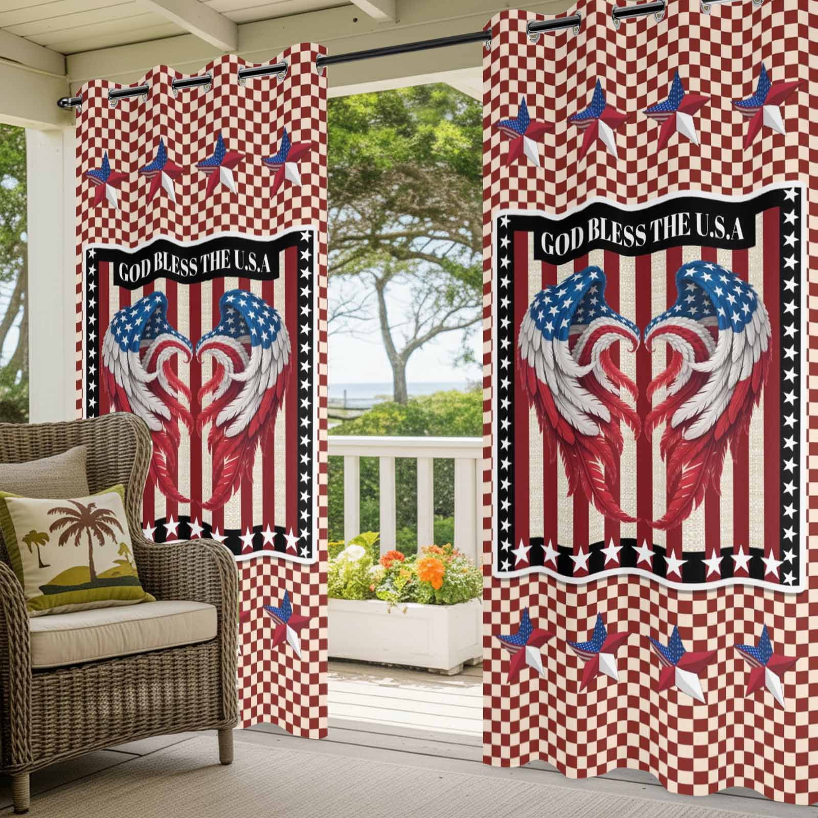 Independence Day Outdoor Curtains for Patio, Red Blue USA Flag Wings Stripe Stars Plaid Sunshade Privacy Drapes Grommet Waterproof Outside Curtains for Porch/Cabana/Balcony 54"x 108", 1 Panel