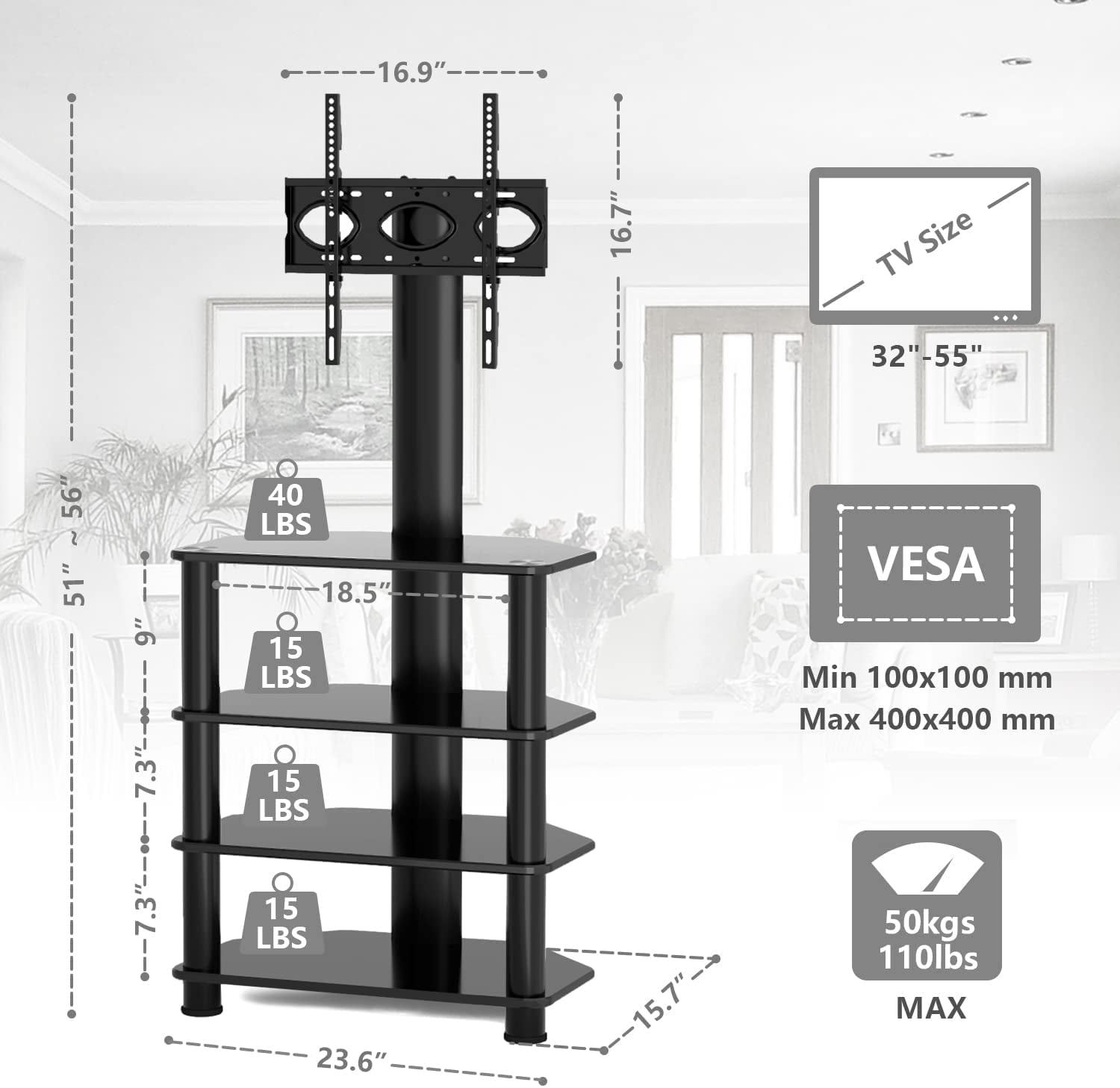 TAVR Furniture Black Corner TV Stand with Swivel Mount for TVs up to 55 inch 4 tier shelves