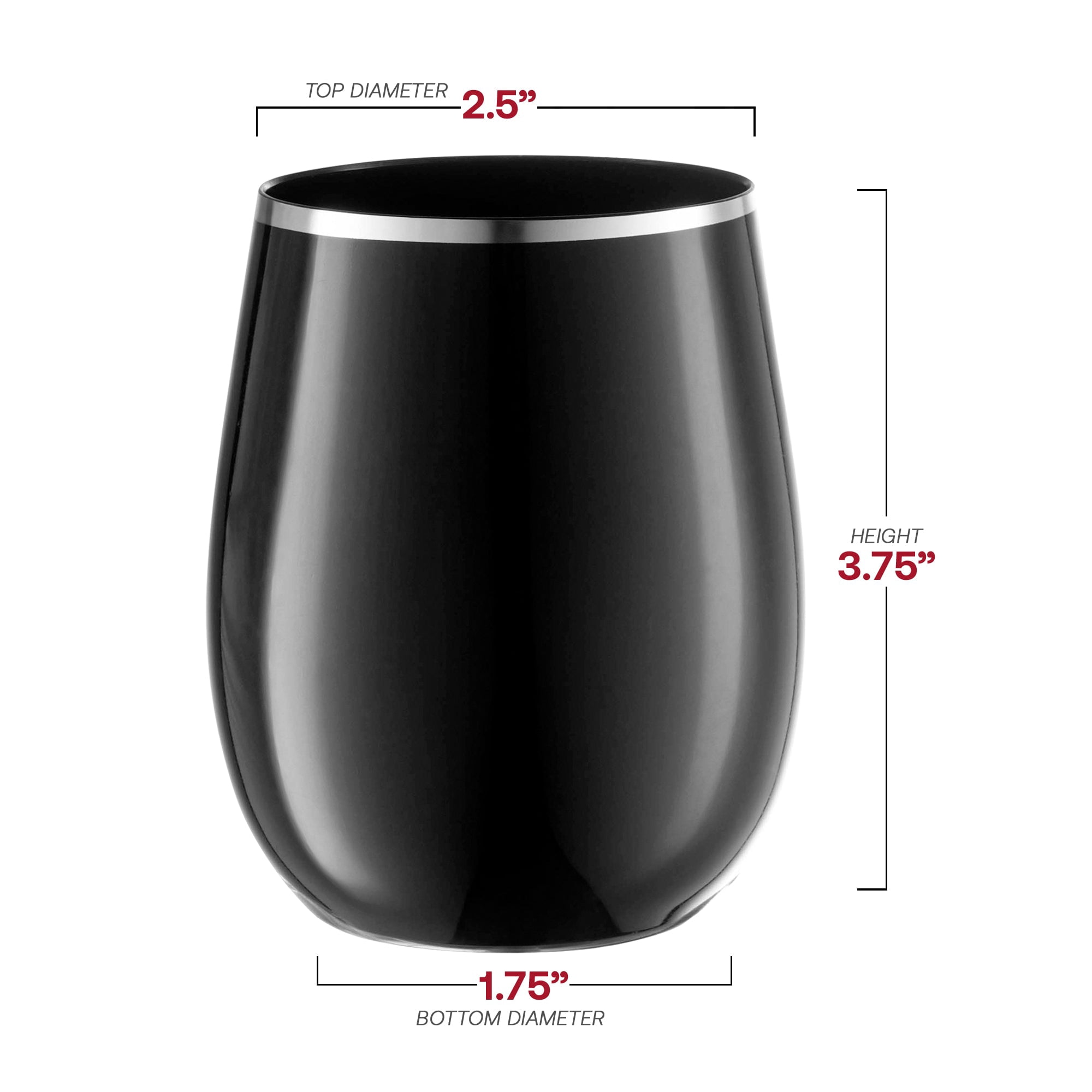 Smarty 12 oz. Black with Silver Elegant Stemless Plastic Wine Glasses 64ct