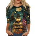 thumbnail image 2 of JoveMarine Halloween Shirts for Women, 3/4 Sleeve Crew Neck with Moon Bat Print, Loose Fit Fall Graphic Tee,Gold S, 2 of 7