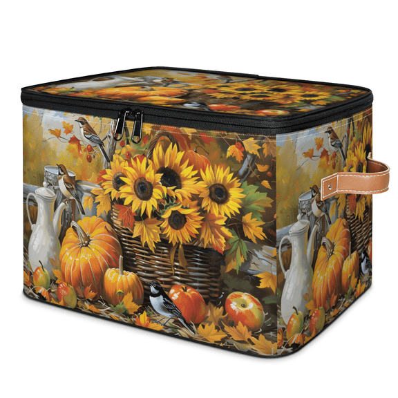 CURLYOOT Fall Sunflower Watercolor Storage Bins with Lid, Decorative Fabric Storage Boxes, Foldable Closet Shelf Organizer Baskets for Bedroom, Living Room, Home