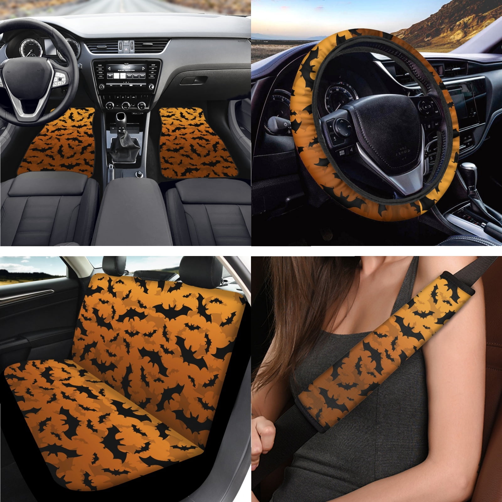 Jeiento Bats Car Seat Cover Set Non Slip Car Floor Mats Steering Wheel Cover Seatbelt Cover Keychains Armrest Cover Keychain Lipstick Holder Yellow 17 Pieces Auto Interior Accessories for Women Men
