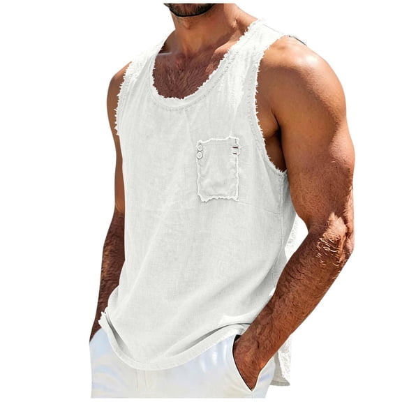 Zysthvn Summer Mens Gym Tank Tops Cotton Training Sleeveless Athletic T Shirts for Men Solid Button Pocket Crew Neck