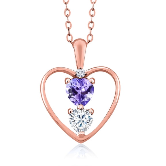 Gem Stone King 18K Rose Gold Plated Silver Blue Tanzanite Pendant Necklace for Women (0.74 Cttw, Gemstone December Birthstone, Heart 5MM and 4MM, with 18 inch Silver Chain)