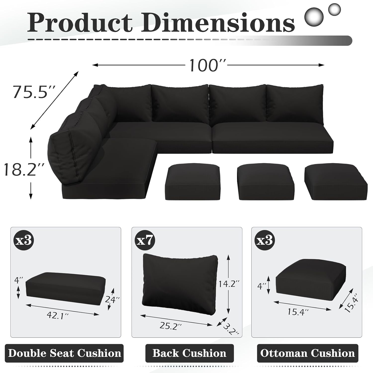 YODOLLA Outdoor Cushion Set w/ Removable Covers for 7 PCS Patio Conversation Set - Patio Furniture Seat & Back Cushions, Washable Zipper Slipcovers Included in Black