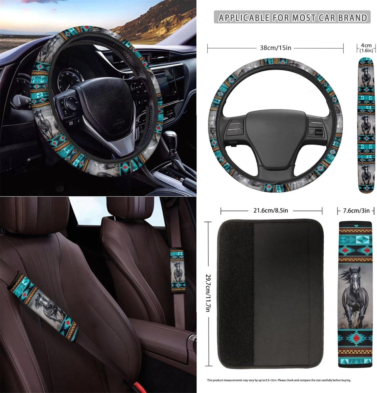 Yuyamidu Southwest Aztec Horse Car Front Seats Covers Set of 12 Blue Steering Wheel Cover Seatbelt Pads Center Console Cover Trash Bin Sunglass Holder Rearview Mirror Cover Cup Holders Keychain