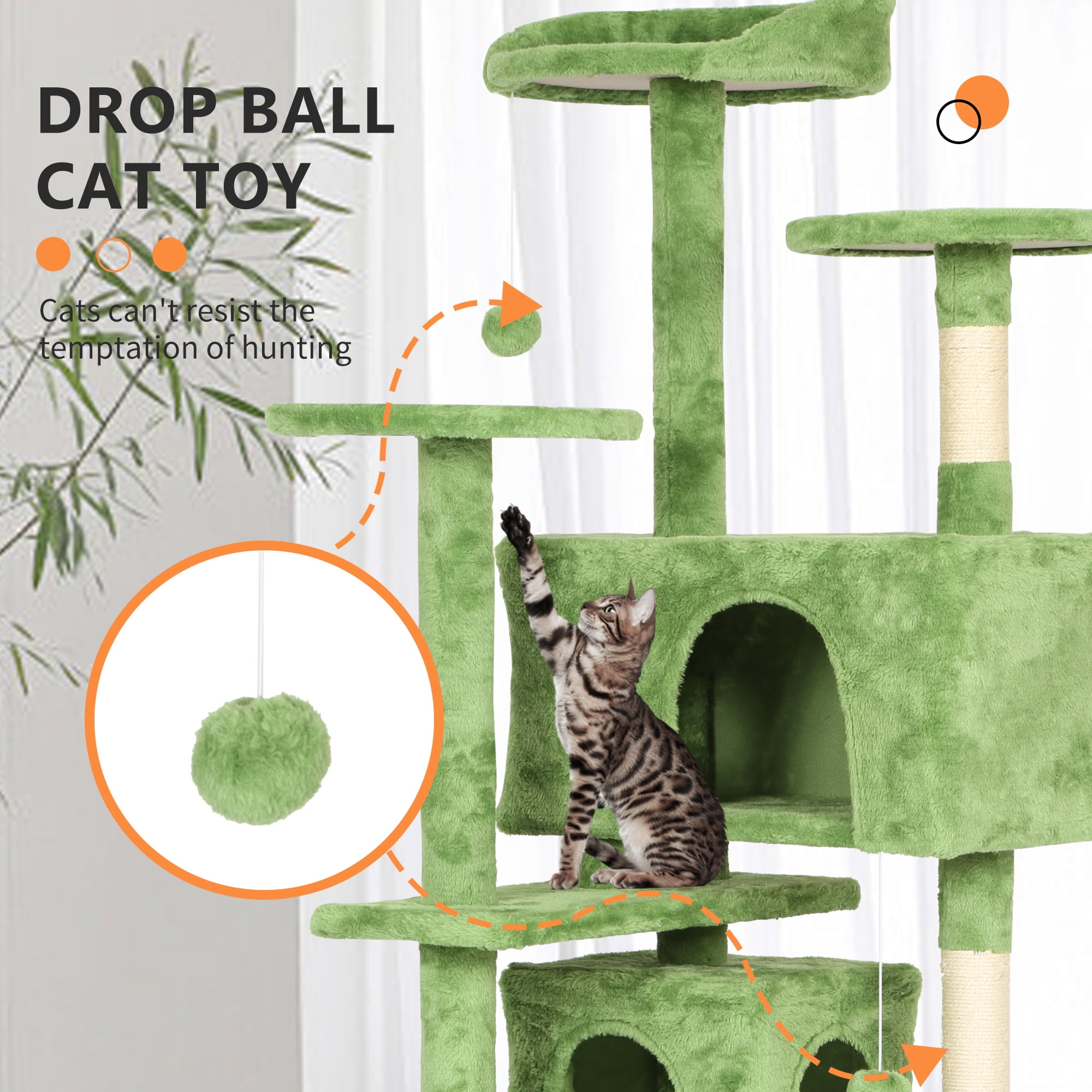 CL.HPAHKL Modern Cat Tree Tower with Dual Condos, 70 Inches Cat Tower with Sisal-Covered Scratching Post Multi-Level Tall Cat Condos with Hanging Toy, Green