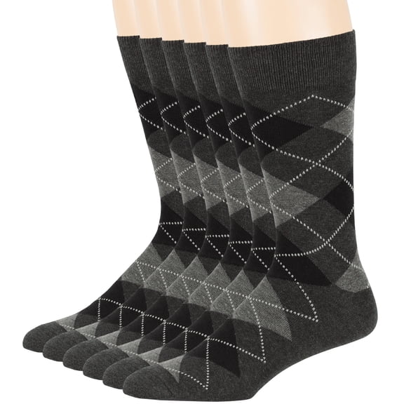 7BIGSTARS KINGDOM Men's Dress Argyle Cotton Socks - 6 Pack - Large - Casual Seamless Socks Size 10-13 Shoe Size 6-12 L Charcoal