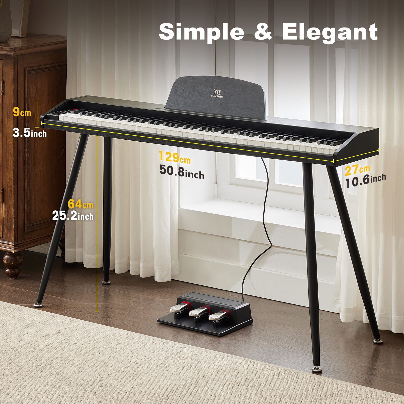 MUSTAR 88 Key Semi Weighted Digital Piano Electric Dual Keyboard with USB/MIDI,Triple Pedal,4 Legged Stands(Black)