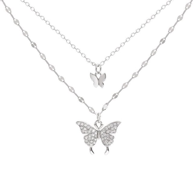 Collar de mariposa de acero inoxidable para mujer, moda coreana, cadena de clavícula de doble capa, colgante de circonita de cristal, joyería JM