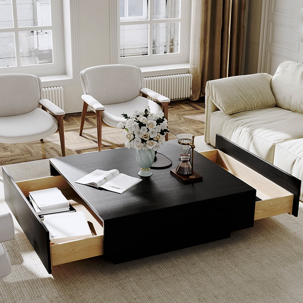 POVISON Mid Century Modern Coffee Table, Minimalist Wood Veneer Coffee Table with Storage for Living Room, Fully-assembled, 39.37", Black