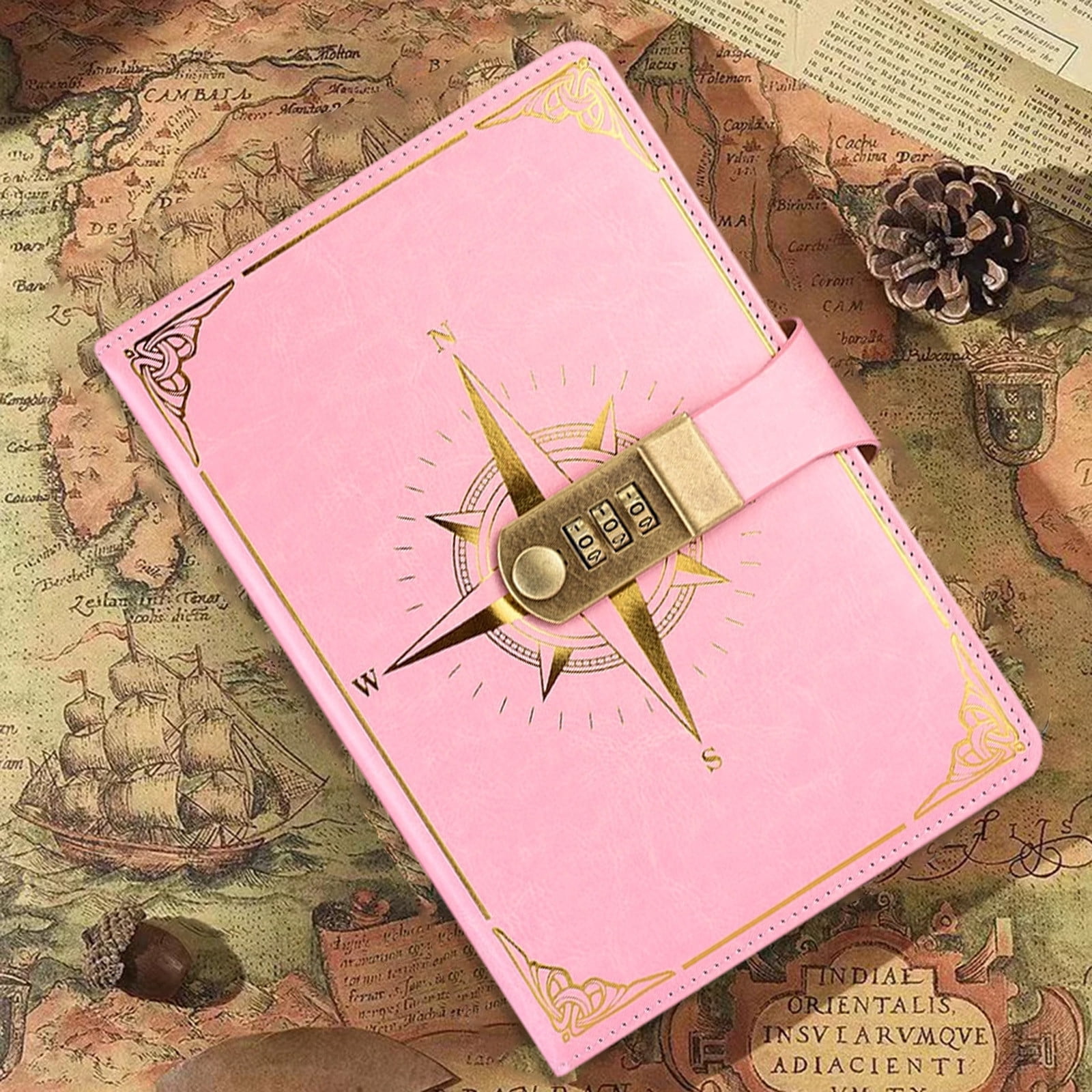 Roiihwy Journal with Lock, A5 Pu Leather Diary with Lock, Vintage Locks Journal Password Notebook, Locks Diary Planner Organizer, 8.66X5.91 Inches, Pink