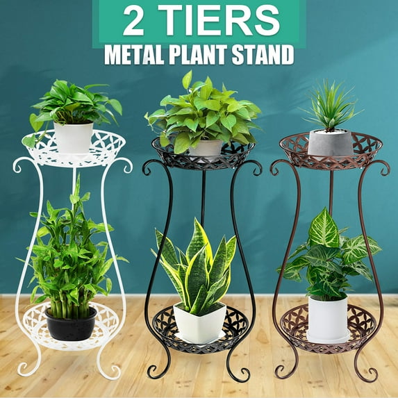 2 Tier Metal Plant Stand Flower Pot Holder Shelves for Garden Home, Vintage & Rustic Style Indoor Outdoor Pots Container Supports