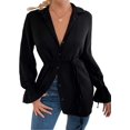 thumbnail image 1 of Blusa de manga larga para mujer con cuello de botón y lazo frontal Negro sólido M Negro sólido M Xishao ropa, 1 of 2