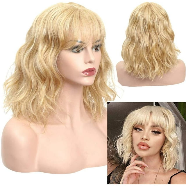 AmPm Perruque Ondulée Blonde Courte avec Franges d'Air pour les Femmes, Perruque Synthétique de Remplacement Douce et Résistante à la Chaleur (Blonde)
