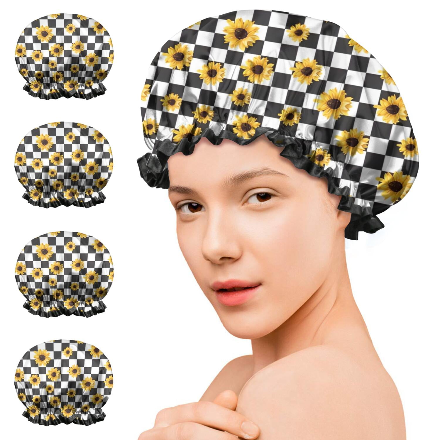 Shower Caps,Black White Checker Sunflower Pattern Waterproof Shower Cap for Women 4 Pieces,Double Reusable Hair Cover for Shower PEVA Elastic Stretch Hem
