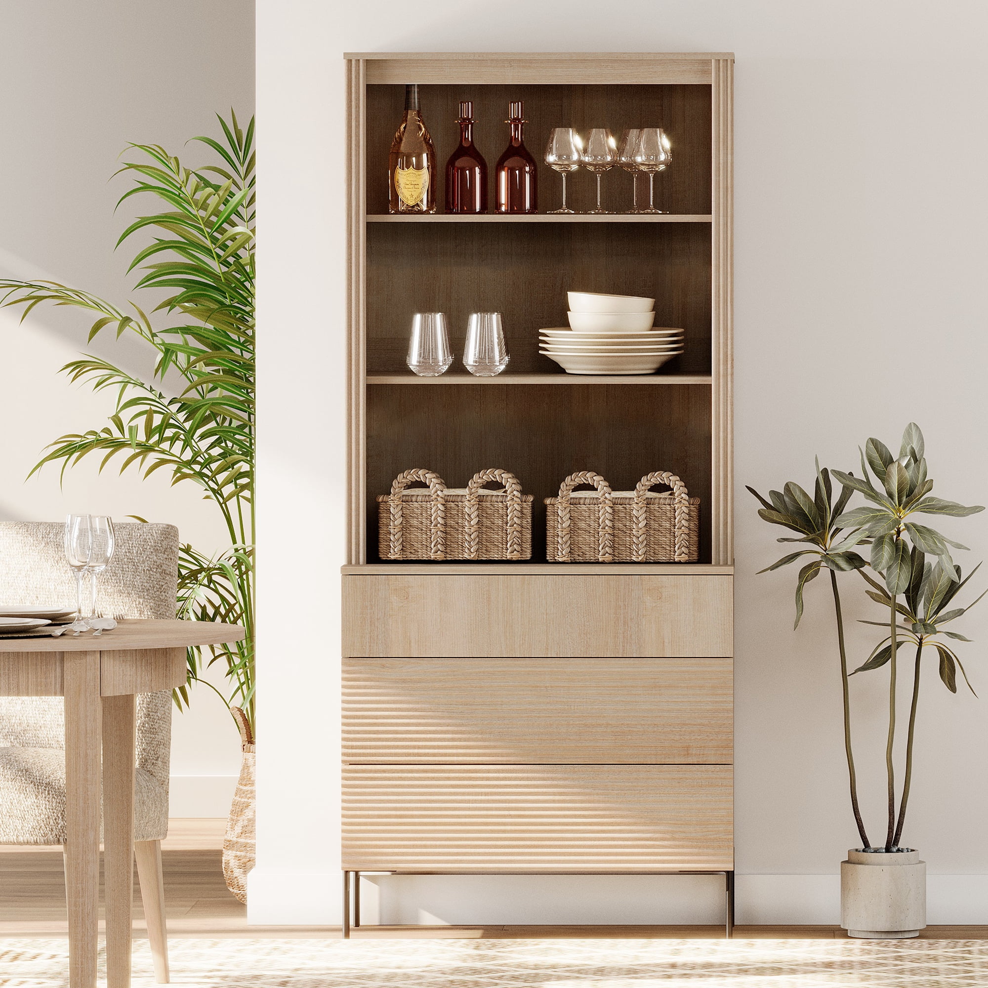 71.6" Tall Fluted Kitchen Pantry Cabinet, Wood Bookcase Display Cabinet with Drawers and Adjustable Shelves, Modern Versatile Cupboard For Dining Room, Bedroom
