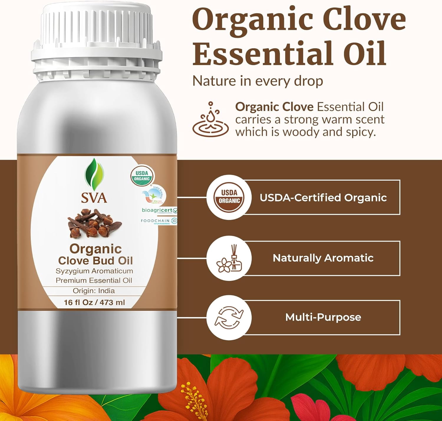 SVA Clove Essential Oil Organic– 16 Fl Oz – 100% Natural Clove Oil - for Diffuser, Hair Care, Face, Skin Care, Aromatherapy, Scalp and Body Massage, Soap and Candle Making