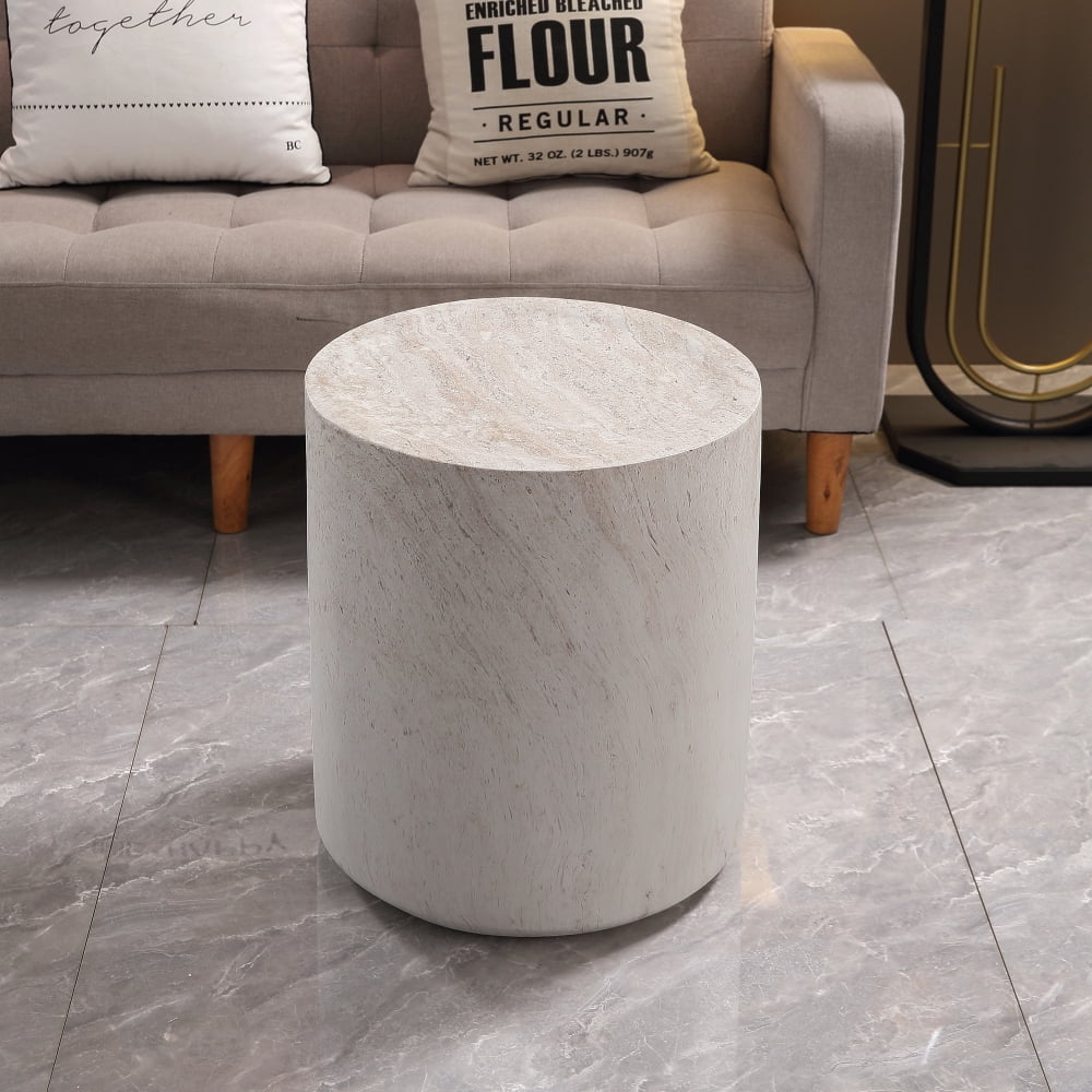 31.5" Round Drum Coffee Table, Light Travertine Finish Magnesium Oxide Table, Weather Resistant Indoor Outdoor Accent Table