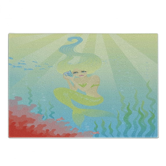 Mermaid Cutting Board, Soft Pastel Color Unusual Mermaid Fish Girl Listening to Ocean Sound in a Shell, Decorative Tempered Glass Cutting and Serving Board, Small Size, Coral Blue, by Ambesonne