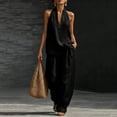 thumbnail image 3 of 2 Piece Sets for Women Sleeveless Halter Neck Linen Tank Top Causal Wide Leg Pants Matching Set Beach Vacation Outfits, S, 3 of 9