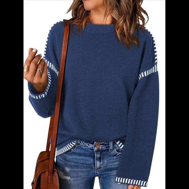 Suéteres para Mujer, Cuello Redondo Liso, Corte Holgado, Larga, Punto en Contraste, Jersey, Tops Azul Marino S