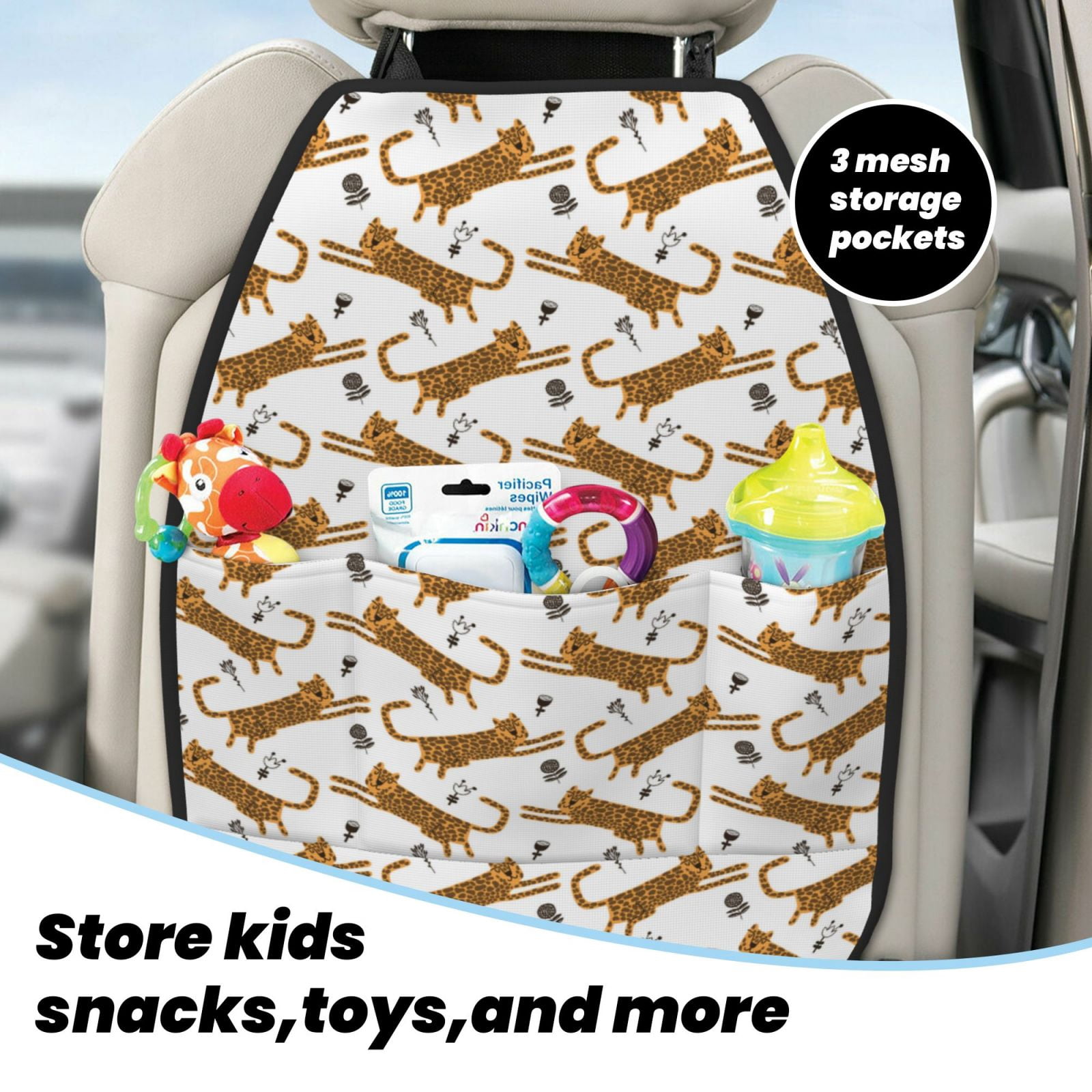 Xecao Leopard Print Pattern Car Seat Back Protector 2 Pack Large Capacity Pocket, Kick Mats Back Seat Protector
