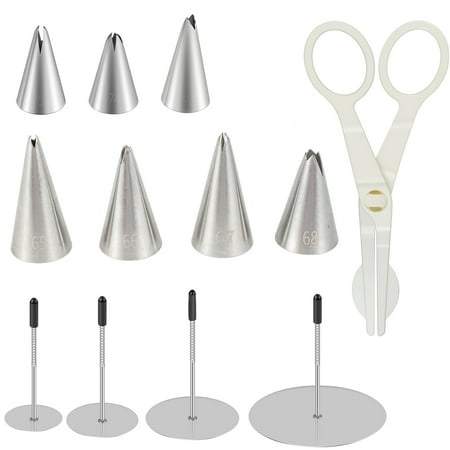

MTFun 12 Pcs Cake Flower Nail Lifters Set Cake Decorating Tool Kit Include 4 Cake Flower Nail 7 Icing Piping Nozzle Tips 1 Flower Lifter Scissors Cupcake Decor Baking Tools