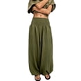thumbnail image 2 of Women's Flowy Linen Palazzo Pants Shirred Sheer High Waisted Wide Leg Beach Trousers with Pockets Green M, 2 of 6